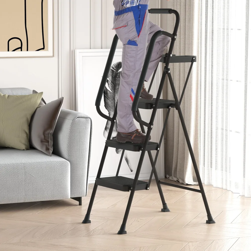 3 Step Ladder with Handrails Folding Step Stool with Tool Plateform, 330 lb Capacity Step Stools for Adults Portable