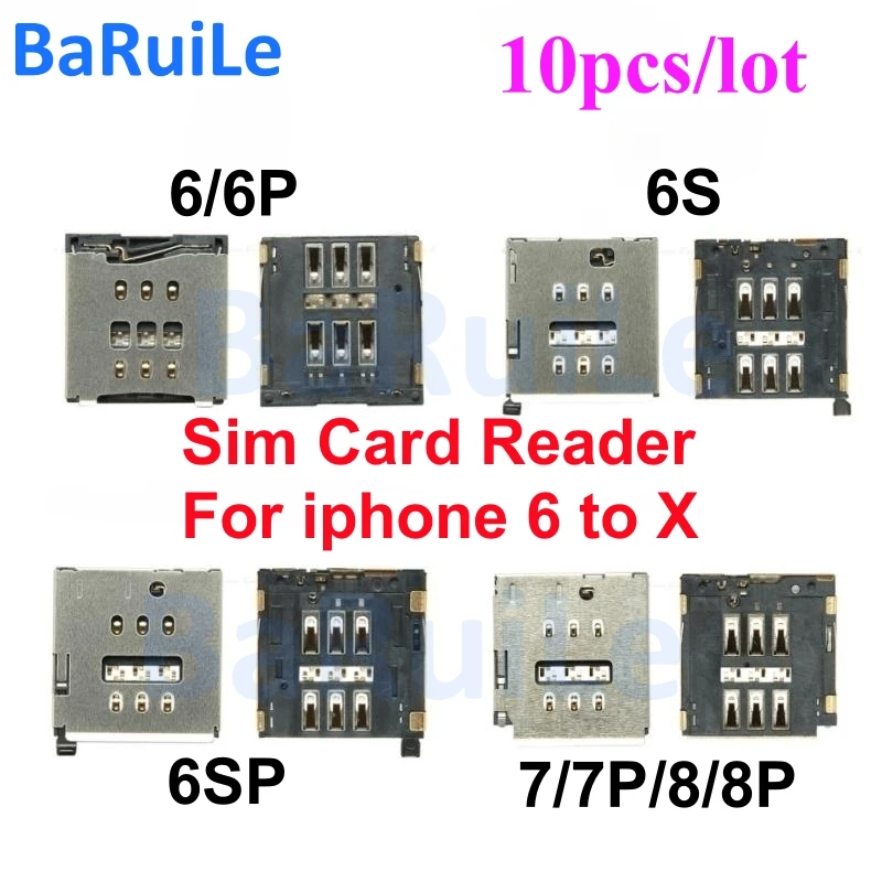 BaRuiLe 10pcs SIM Card Reader Holder Tray Slot for iphone 6 6S 7 8 Plus 7P 8P X Card Socket Replacement Connector