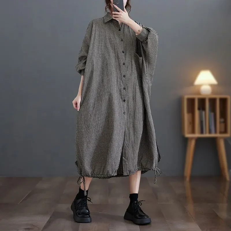 Abito da donna nuovo estivo europeo 2025 Abito camicia a quadretti retrò per pendolari oversize