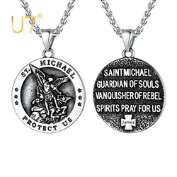 U7 Round Medal St Michael Necklaces for Men Stainless Steel Catholic Protection Amulet Archangel Pendant 22