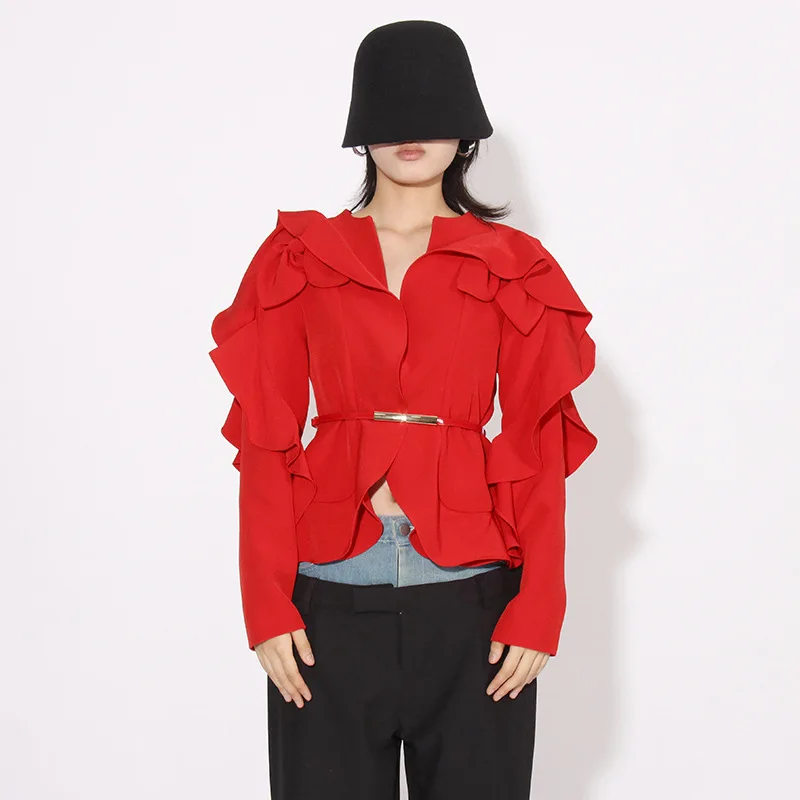 

SuperAen High Street Style Outerwear New Summer 2024 V-neck Patched Ruffled Waist Waistband Blazer