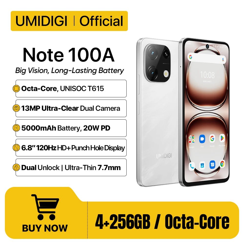 [Microvaя Preméas] بطارية UMIDIGI Note 100A الذكية 6.8 بوصة 120 هرتز HD + 13 ميجابكسل 4 + 4 جيجابايت 256 جيجابايت 20 وات 5000 مللي أمبير في الساعة بشريحتين أندرويد 14 telefono