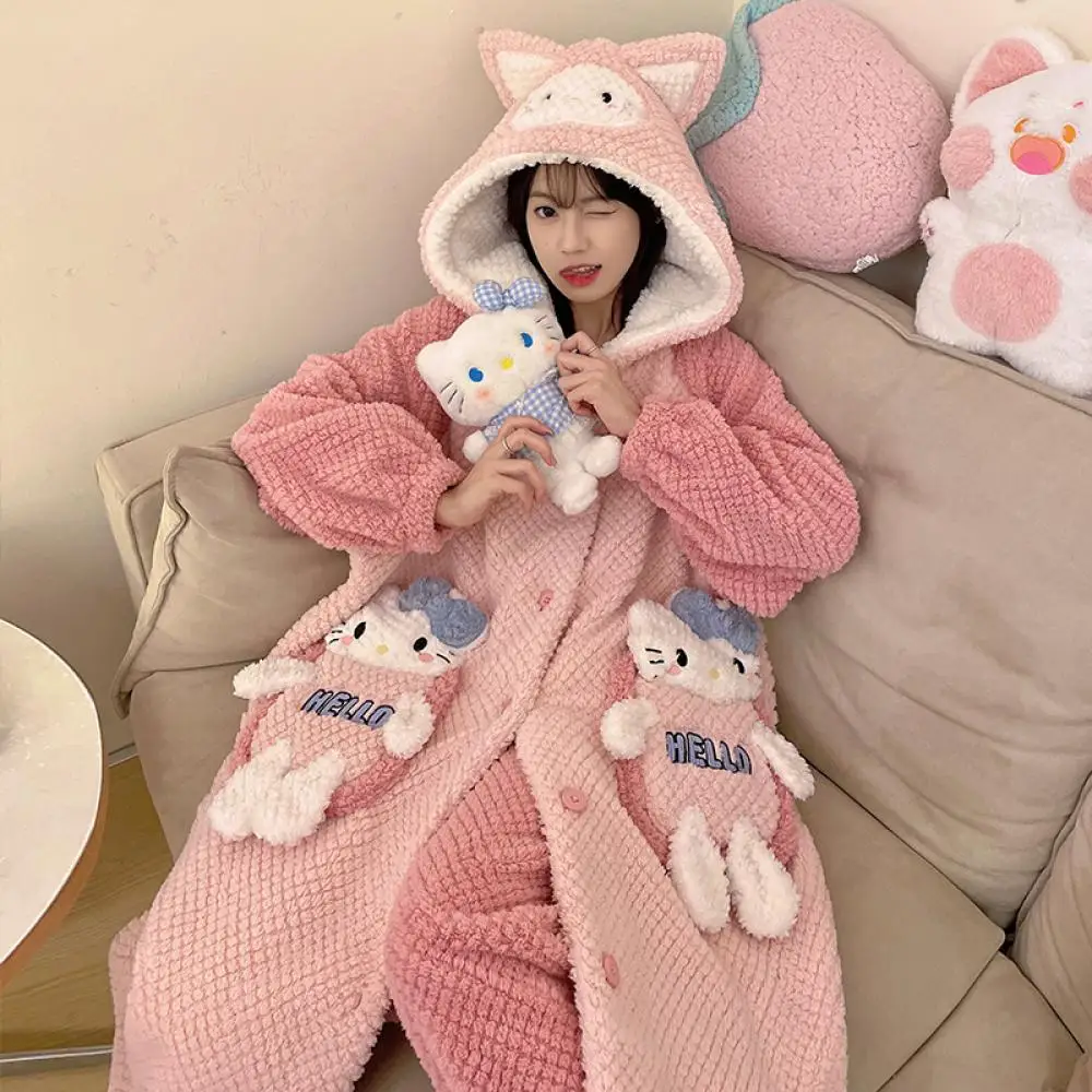 Sanrioed Hello Kitty 2Pcs Women\'s Plush Pajamas Robe Set Suit Melody Kuromi Kawaii Winter Homewear Cartoon Hooded Thicken Soft