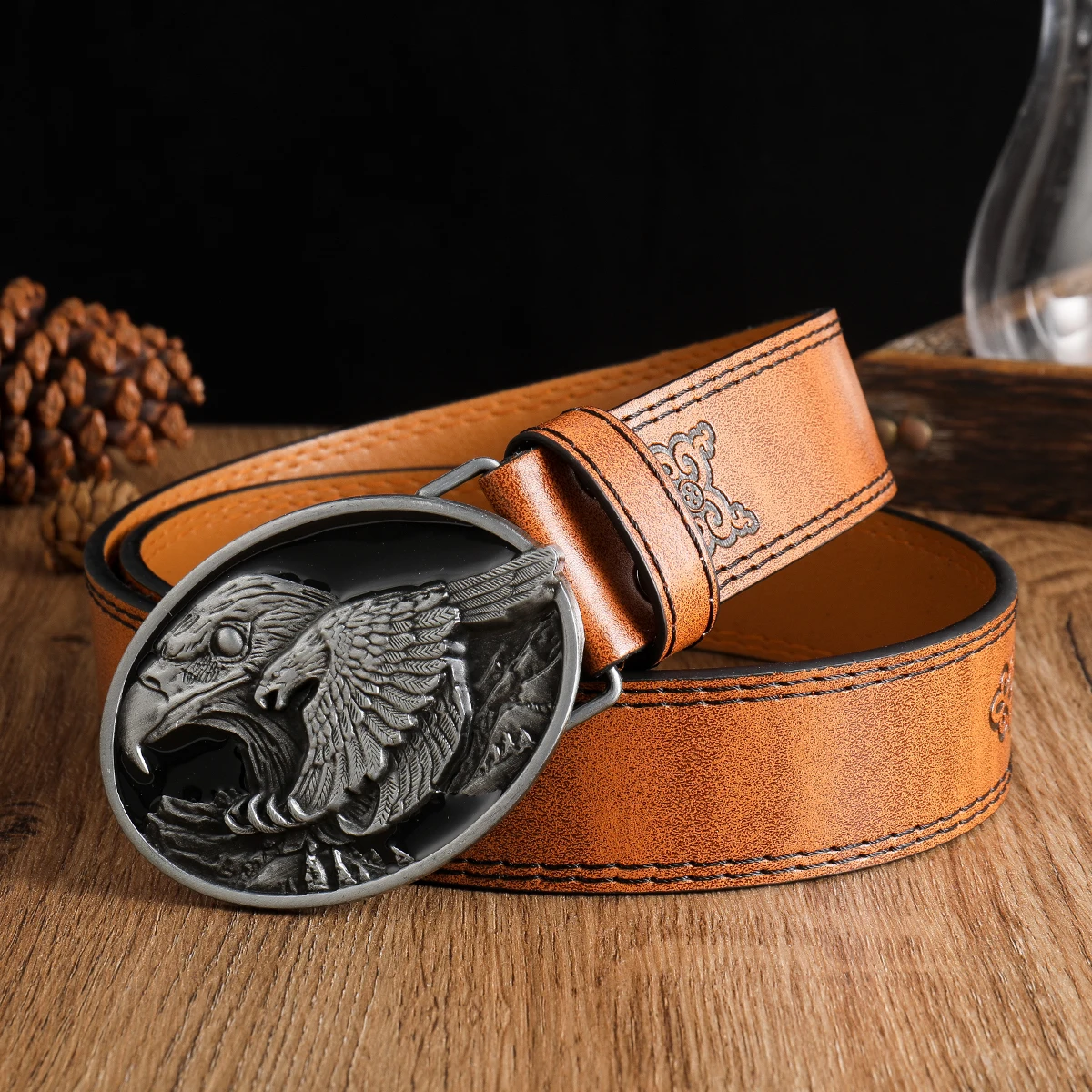 Double Eagle Head Drip Oil3.7cm wide men's and women's Western bull head denim style bull scalprendy belt smooth buckle