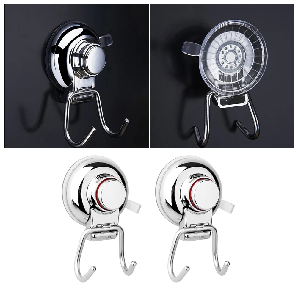 

2pc Suction Cup Hooks Double Towel Hanger Bathroom Kitchen Wall Mount Reusable Stainless Steel Non-Porous Surface Tile Hook