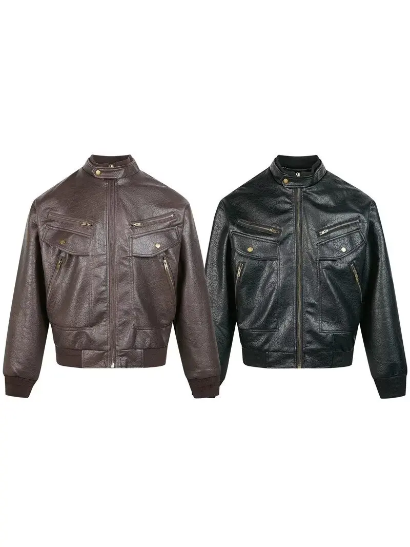 New Motorcycle Causal Vintage Leather Coat Men Autumn Outfit Fashion Biker Pocket Design Top Layer Cow Leather Jacket