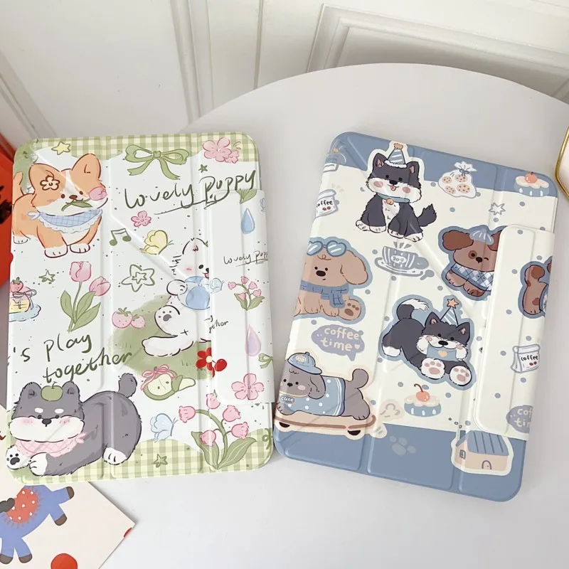 Cute Puppy Cartoon Retro Print Foldable with Pencil Holder Tablet Case for iPad 10th Gen Air4/5 10.9in Pro11 Air6/7/8 11in Cover