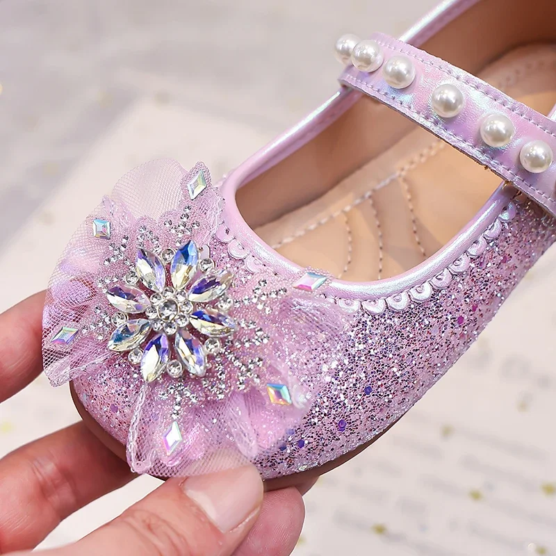 Mädchen Mary Jane Flache Schuhe Glitzer Prinzessinnen-Kleiderschuhe Tüll Strass Schneeflocken-Ornament, Perlen Ballett Hochzeit Mädchen Geburtstag – Detail 4