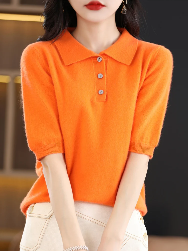 Women 100% Merino Wool Lapel Short Sleeve Pullover T-shirt For Spring Summer  Knitwear Soft Sweater Fashion Basic Clothing