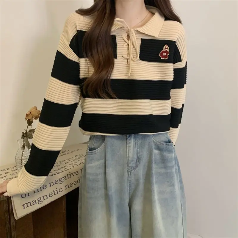 Spring and Autumn New Korean Stripe Polo Long Sleeve Knitwear Women\'s Short Academy Style Pullover Sweater Winter Clothes Women