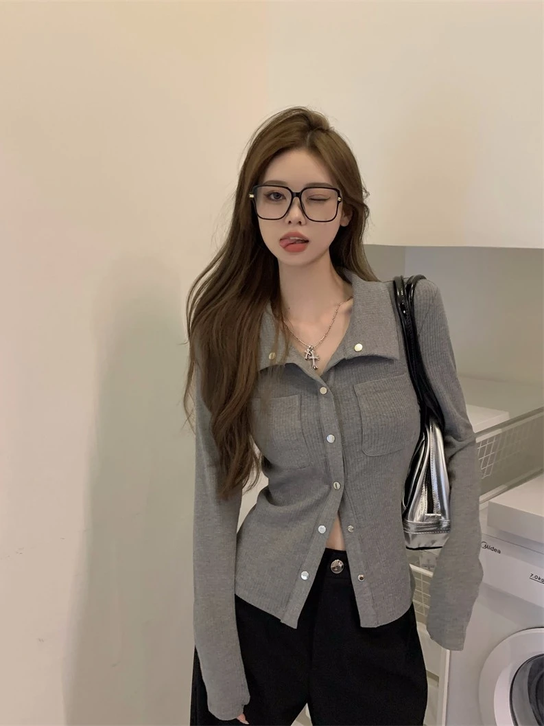 여성용 패셔너블 롱 슬리브 턴다운 칼라 탑 한국 스타일 가을 신상 이너웨어