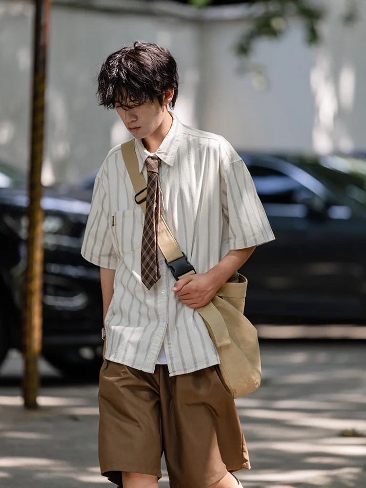 2023 New Retro Japanese Style Cityboy Striped Short Sleeve Loose Men's Shirt Summer Couple's Student Jacket Outerwear