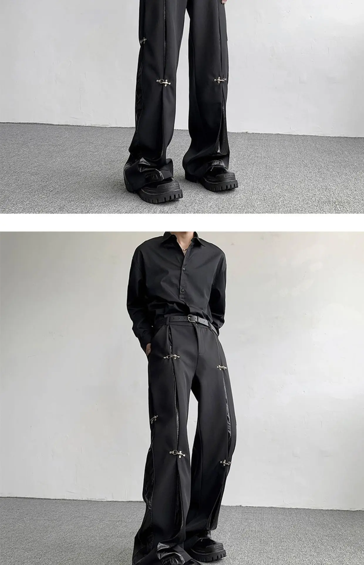 Y2K-Style Streetwear Herrenanzughose, Lässige Weite Hose mit Metallschnalle, PU-Leder-Splicing-Design, Ausgefallene Herrenhose – Detail 9