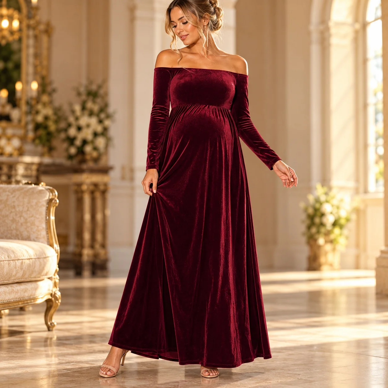 Long Sleeve High Waist Gown with Maxi Flare Skirt Elegant Style Off Shoulder Regular Sleeve Crew Neck Pullover for Women