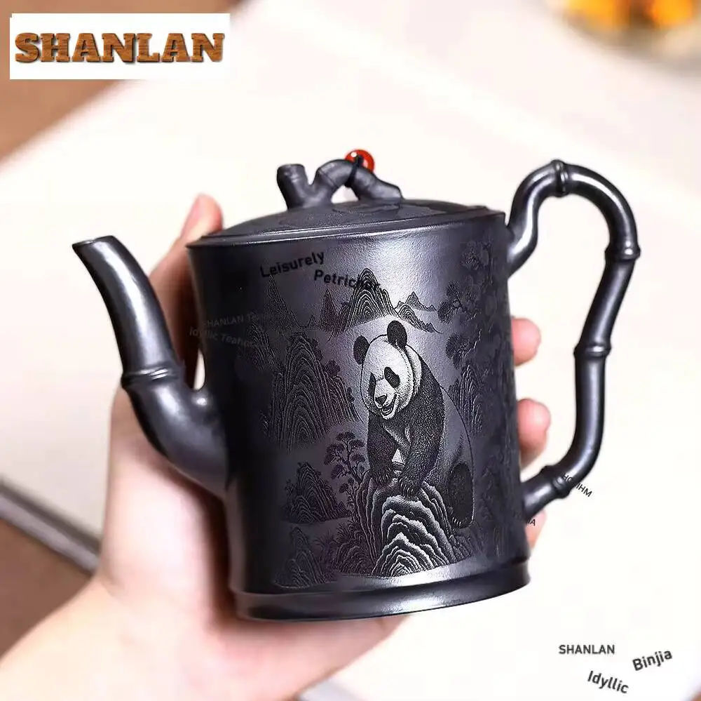 320ml Yixing Purple Clay Teapots Handmade Panda Bamboo Section Pot Raw Ore Iron Stone Yellow Mud Kettle Chinese Zisha Tea Set