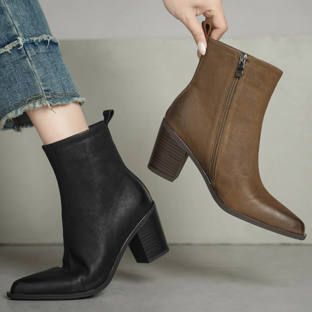 

Women's cow leather pointed toe side zip autumn ankle boots 7.5cm thin high heel elegant ladies OL style slim dress short boots