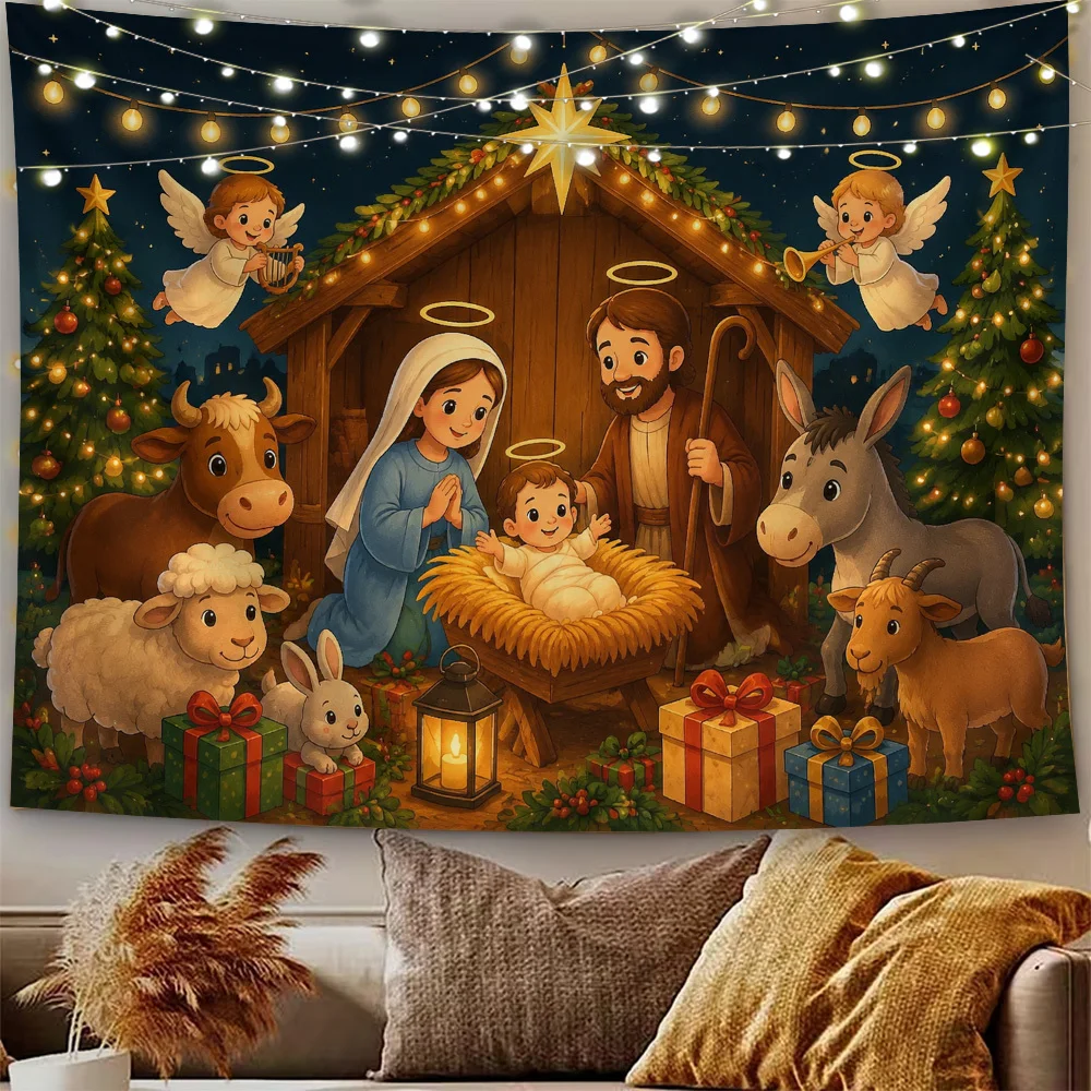 Nativity Scene Tapestry, Christmas Manger Wall Hanging, Holy Family Decor, Religious Xmas Art Cloth Living Room Holiday Ornament