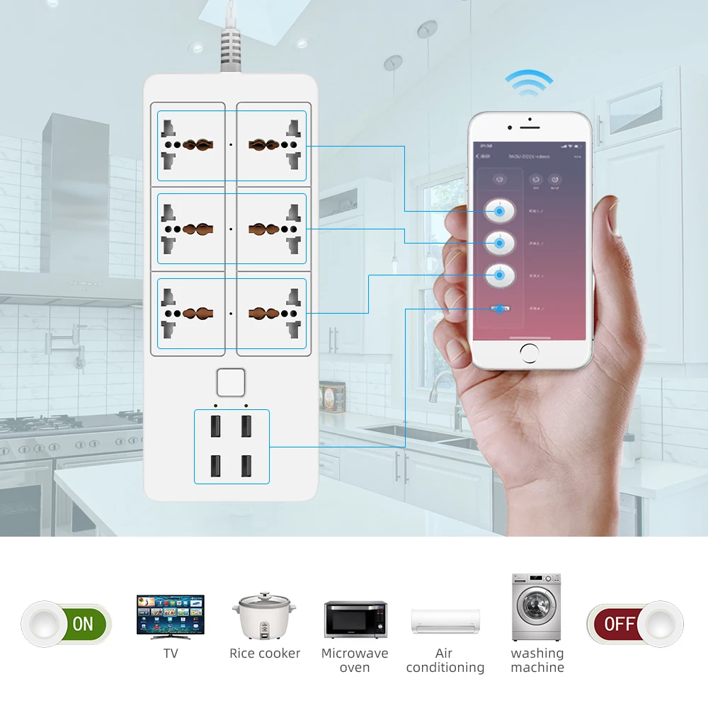 PD 65W Smart Power Strip WIFI Universal with Alexa Googlehome Bluetooth Control Multi Plug 6AC 4USB Voice Contro UK/EU/US/AU