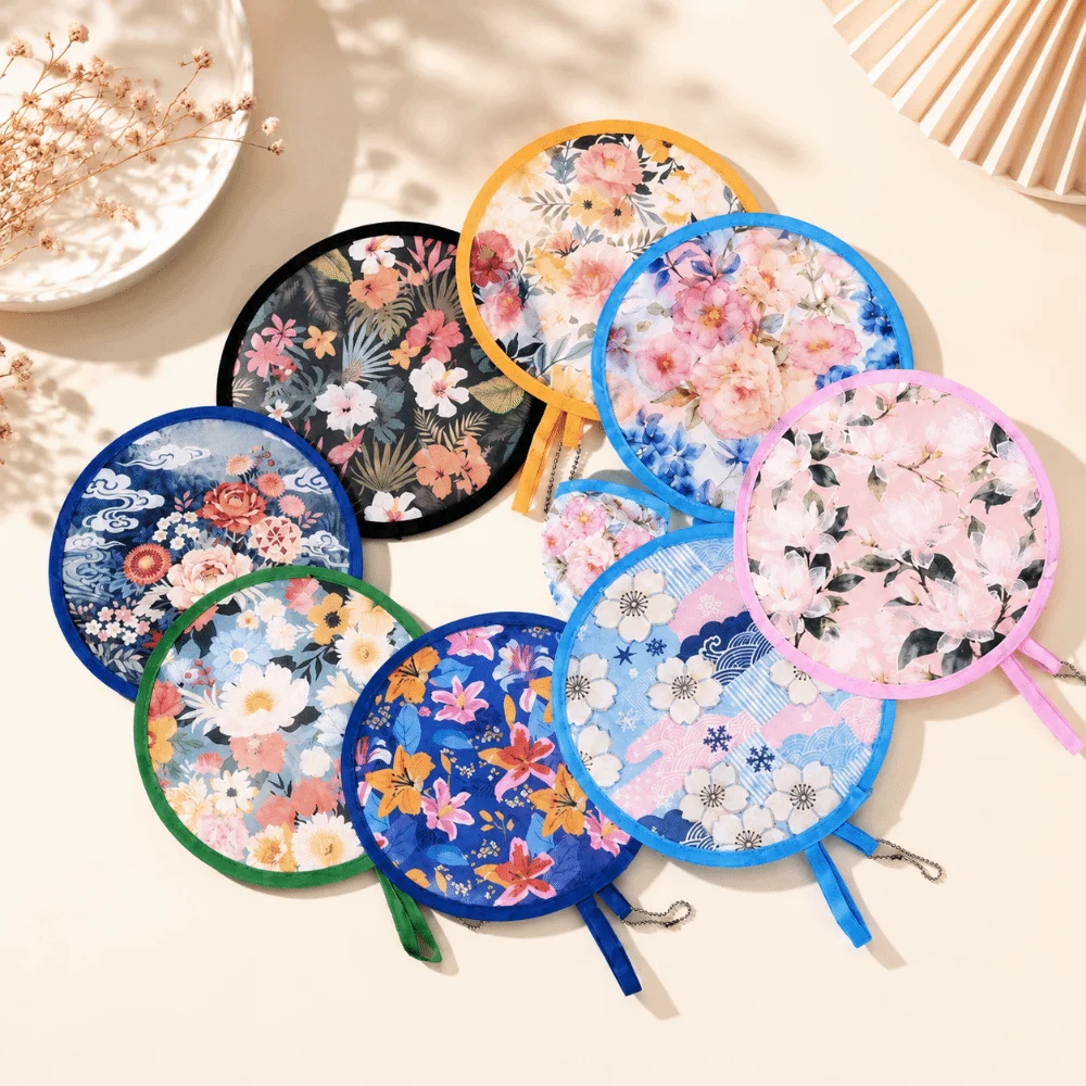 NEW 8 Styles Round Foldable Fan Lightweight with Storage Bags Hand Fans Handheld Folding Fan for Festival Wedding