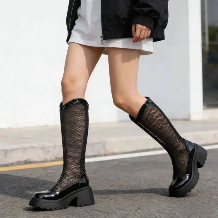 

Summer Hollow Out Platform Chunky Heel Breathable Sandal Boots Women Mesh Knee High Boots