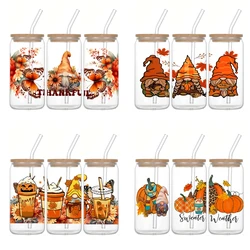 Gnome Printed Drinking Glass Lid&Straw Coffee Tumbler Iced/Hot Juice Cup Thanksgiving Day Autumn Harvest Festival Gifts