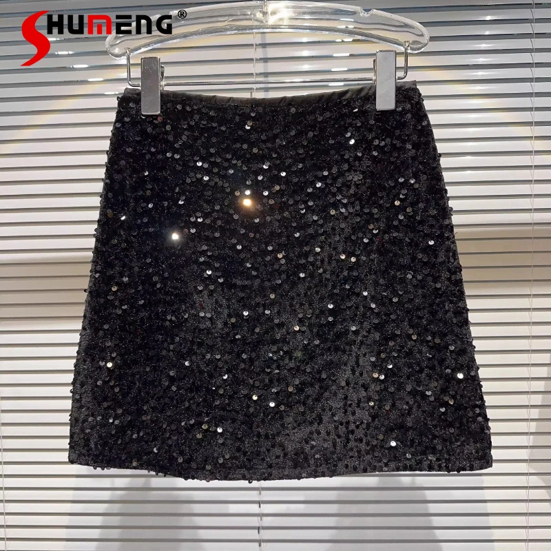 

Women 2025 Winter New Sexy Girl Fashion Half Skirt Feminine Sequin Shiny Trendy Short Skirts Nice Beauty Sparkling A-line Skirts