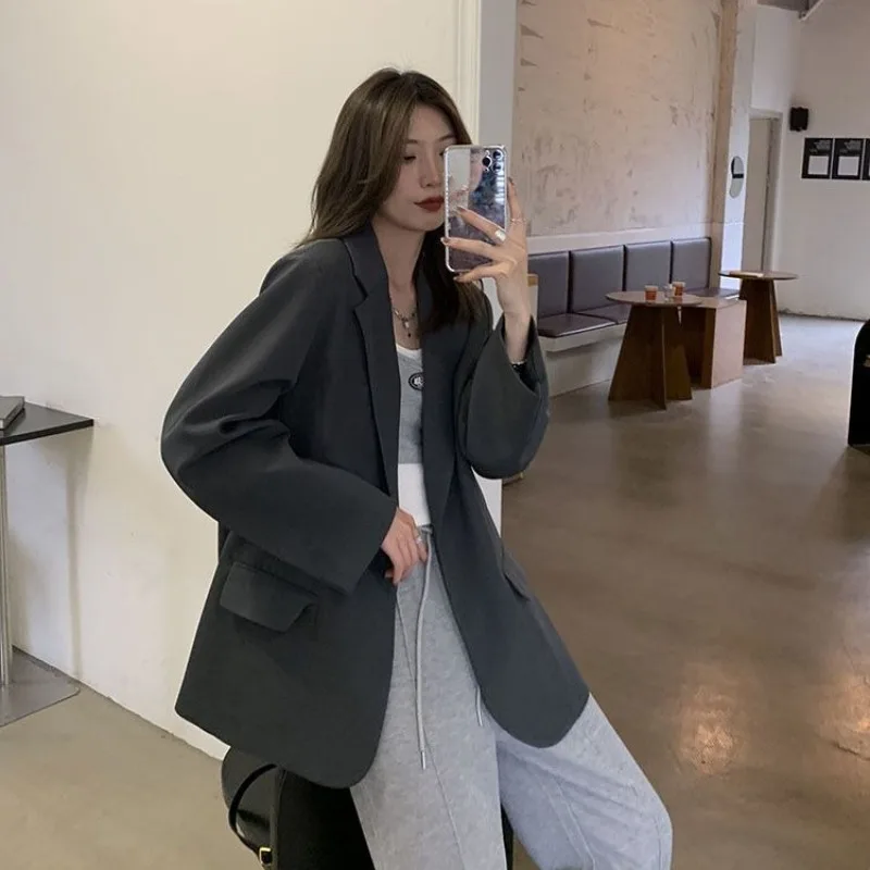 

Women Petite Spring Autumn Gray Blazer Single Button Korean Casual Slimming Office Appropriate Stylish Street Look Harajuku