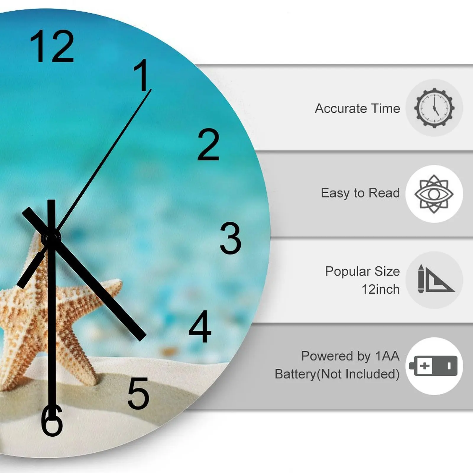 Farm Wall Clock Beach Starfish Sea star Clocks 12 inch Mute Fashion Round Creative Printed Design Retro Home Decor