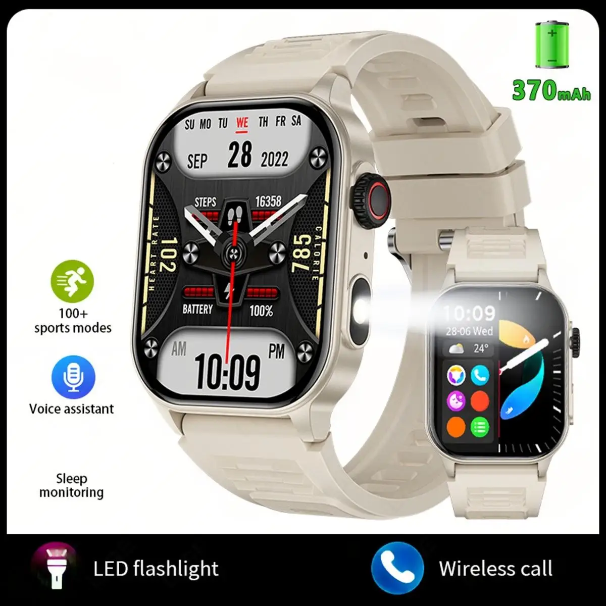 KM02 Sports Smart Watch With Light Flashlight BT Calls AI Voice Assistant IP68 Waterproof Alarm Clock Stopwatch Healty Mointor