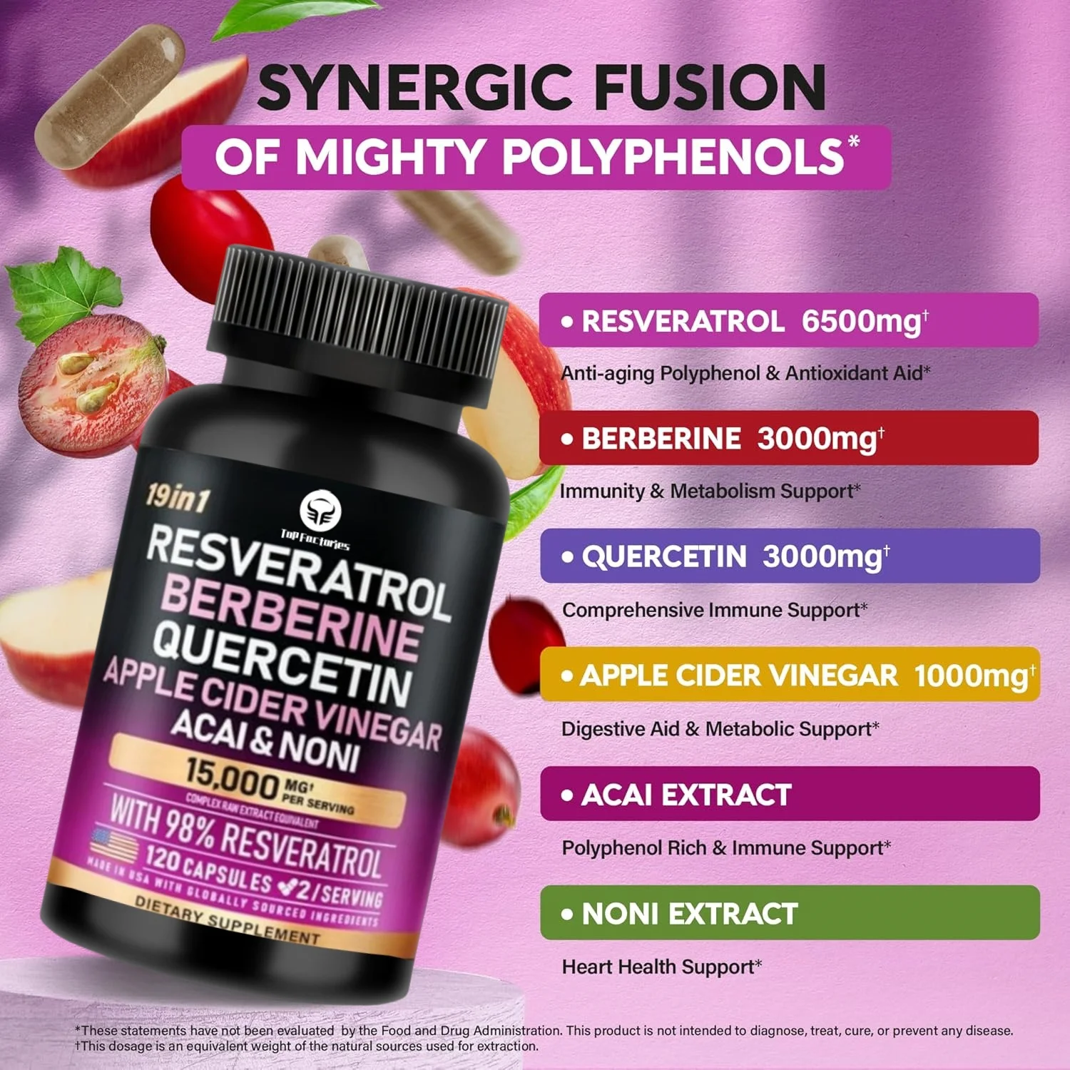Top Factories 19in1 Organic Polyphenols Complex Resveratrol and Nori Extract Aspartate Quercetin Apple Vinegar Supplementation