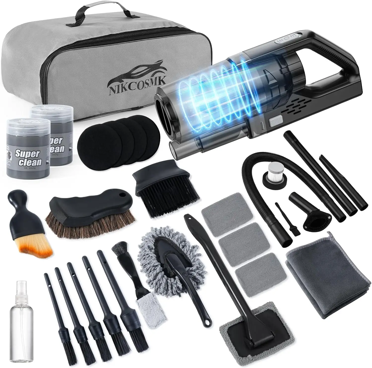 

Complete Car Cleaning Kit with 8000PA Vacuum, Detailing Brushes, Windshield Tool for Men & Women