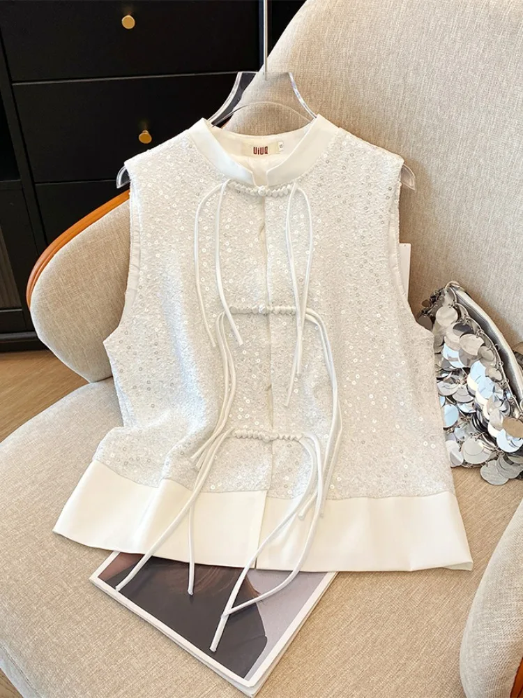 

New Chinese Sle Ladies Svel Jaet High-End Heavy Work Sequin Button Stand Collar Vest Top Loose Fit Summer Faion
