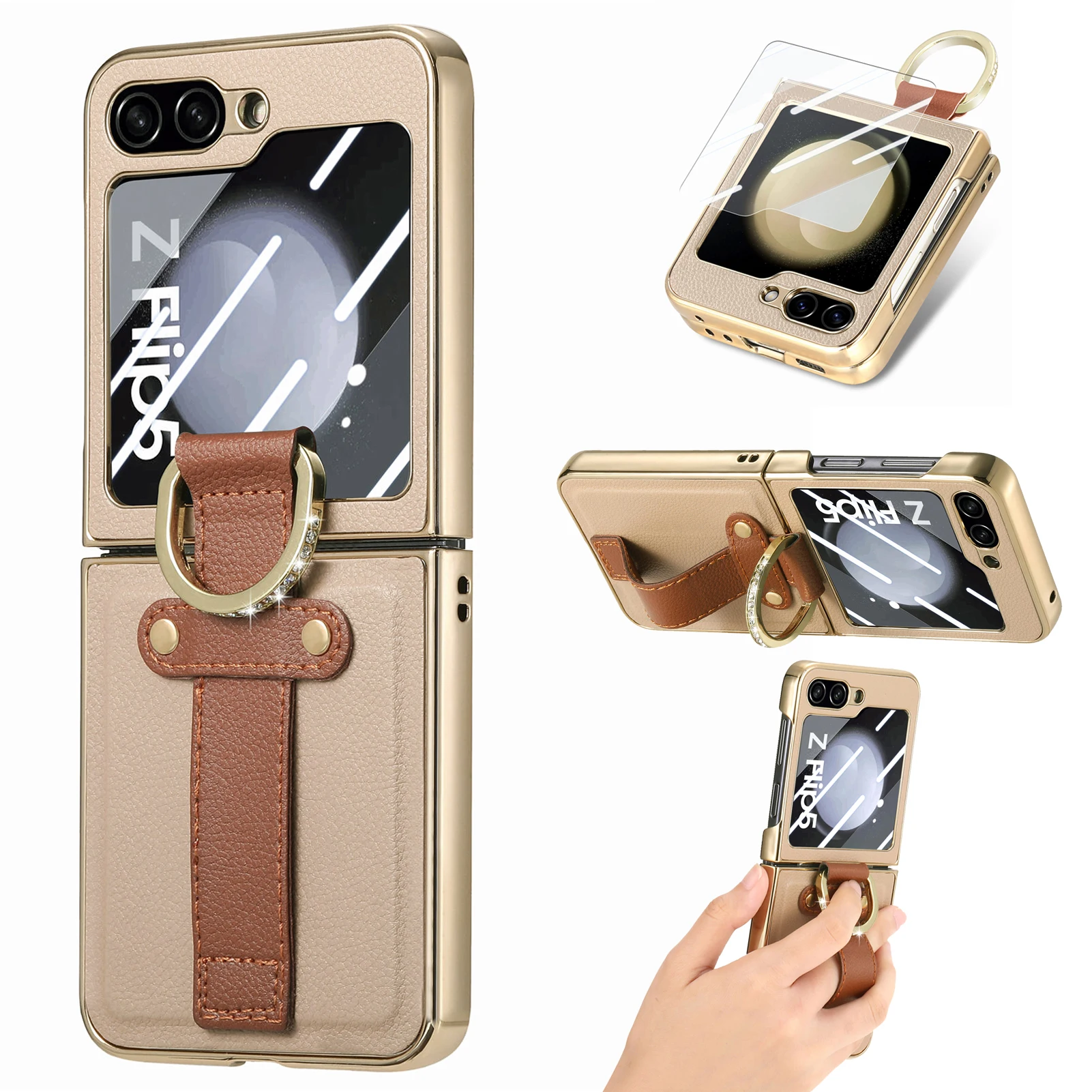 Electroplated Finger Ring Phone Case For Samsung Galaxy Z Flip 5 With Screen Protector Stand Shockproof Leather Cover