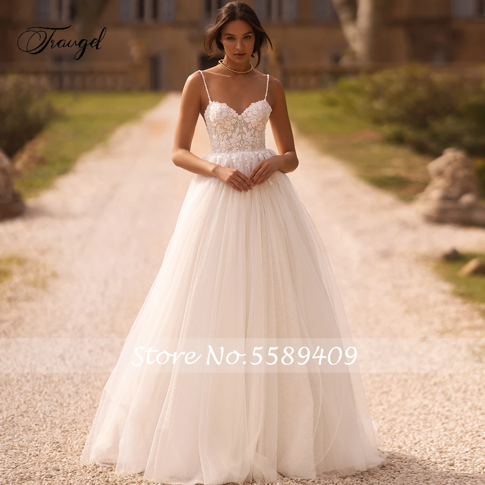 Traugel Elegant Backless Sweetheart Vintage Wedding Dresses Luxury Spaghetti Straps Appliques Court Train A Line Bridal Gown