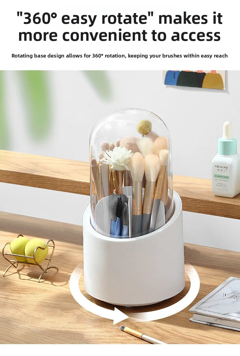 360° Rotating Makeup Brush Holder Large Capacity, Dustproof Cosmetic Storage Organizer, Multi-Compartment Desktop Pen Holder