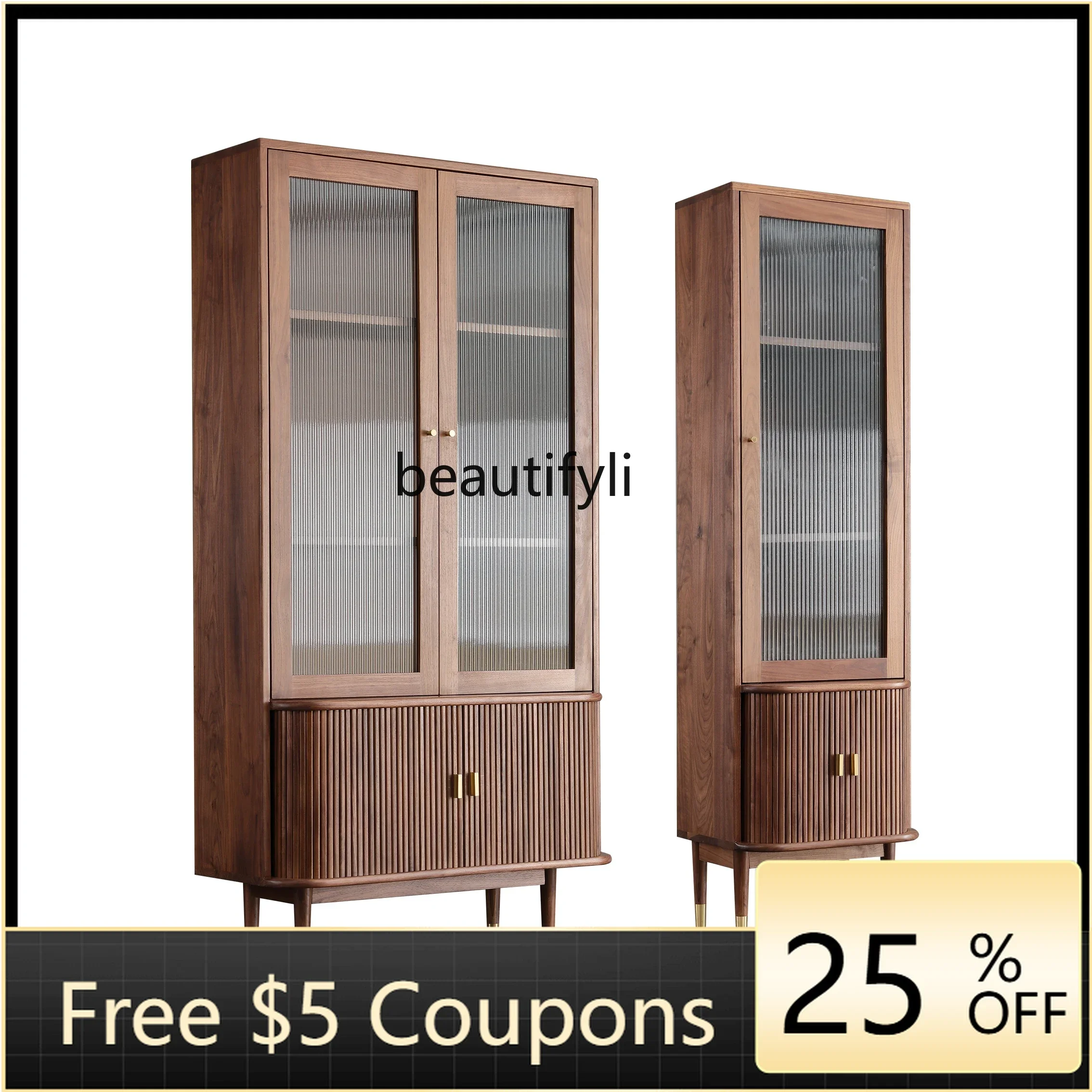 FF North America Black Walnut Shutter Bookcase Simple Floor Changhong Display Cabinet Made of Glass Locker