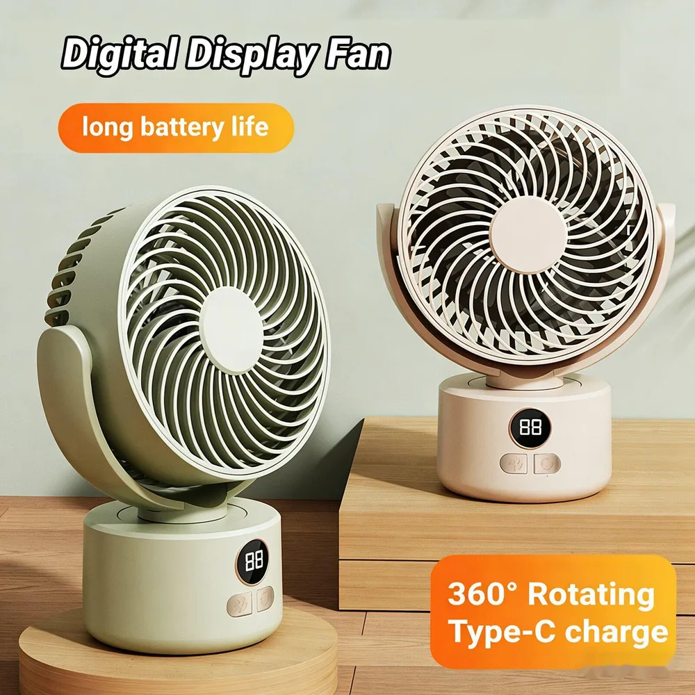 LED Digital Display Desktop Electric Fan 360° Rotating Type-c Rechargeable Portable Air Circulation Fan