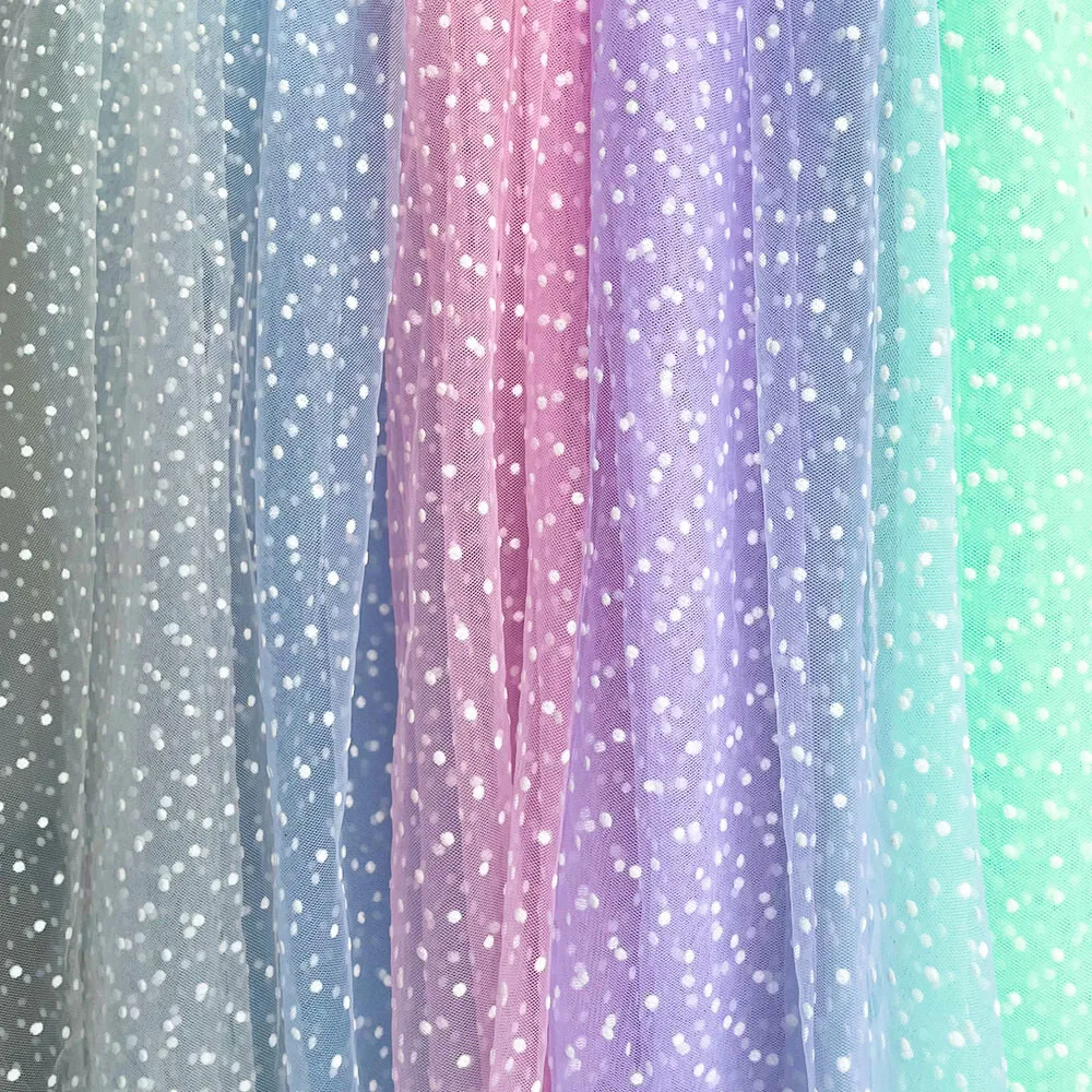 Flocked Polka Dot Tulle Fabric White & Khaki Polyester Stretch 155cm Width for Puff Skirt Clothes Sewing DIY Wedding Decoration