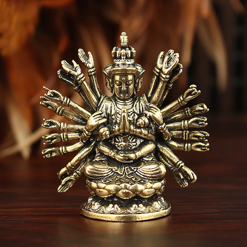 Brass Thousand Hands Guan Yin Buddha Statue Mini Desktop Ornament Lucky Auspicious Protection Feng Shui Home Decor