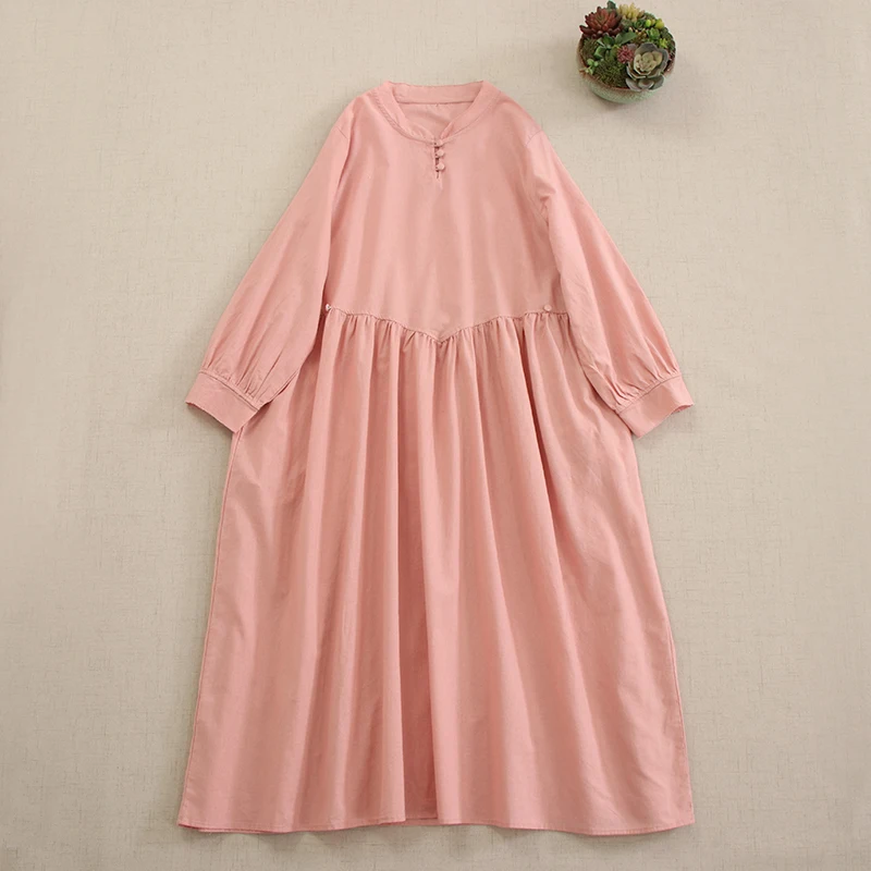 Spring New Japanese Sweet Mori Girl Solid Color Cotton Linen Dress Women Vintage V-Neck Long Sleeve Casual Loose Midi Dresses
