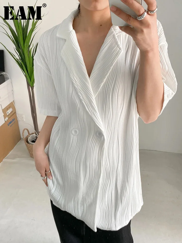 [EAM] Women White Pleated Elegant Big Size Blouse New Lapel Short Sleeve Loose Fit Shirt Fashion Tide Spring Summer 2024 1DF0381