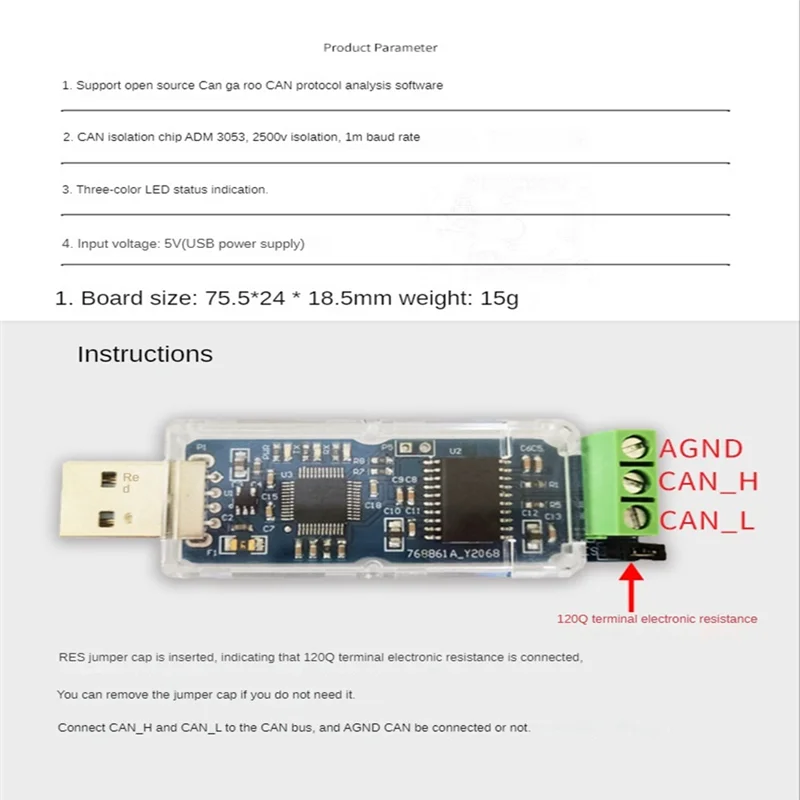 

RISE CANable USB to Converter Module CAN Canbus Debugger Analyzer Adapter CANdleLight ADM3053 Isolated Version CANABLE PRO