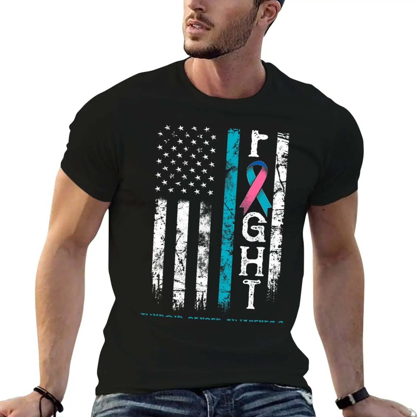 

Thyroid Cancer Warrior Us Flag T-Shirt t shirts for man pack cotton man t shirts for men cotton t shirts high quality T-Shirt