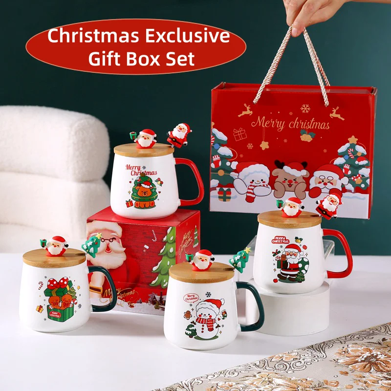 

Christmas Gifts Mug With Lids Ceramic Mug Household Water Cups Coffee Mug Santa Claus Reindeer Ceramic Mug Gift Box 3-Piece Set