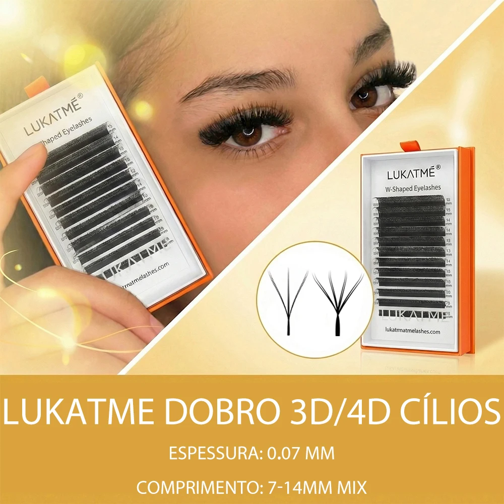 Extensões de Cílios LUKATME Double 3D 4D W, Mega Volume BASF, Cílios Falsos 7-14mm, 6D 8D em Forma de W, Cílios Densos e Completos