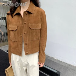 TWOTWINSTYLE Solid Spliced Button Minimalist Jackets For Women Lapel Long Sleeve Temperament Patchwork Pockets Coat Female New