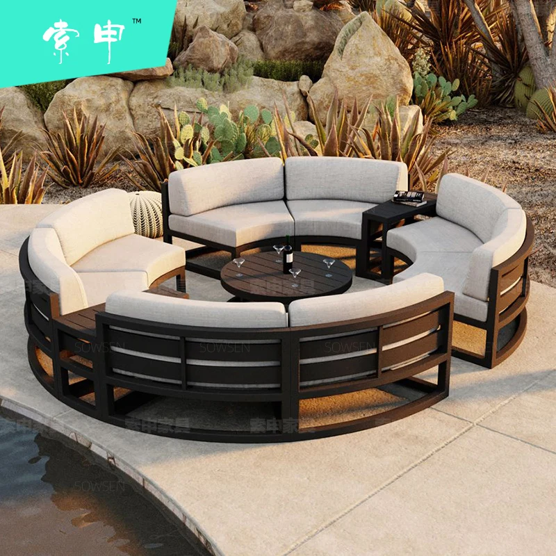 Outdoor curved aluminum alloy courtyard garden, guest rattan sofa, coffee table combination, waterproof and sunscreen