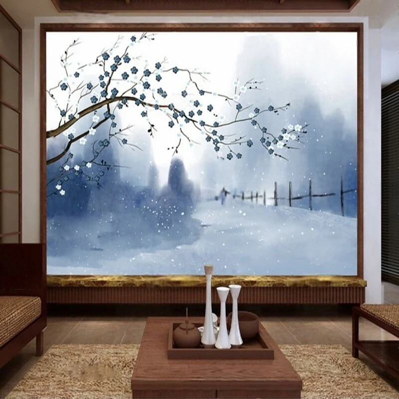Modern Minimalist Elegant New Chinese-Style Hand-Painted Plum Blossom Snow TV Bedroom Wall Sticker Mural Background Wall