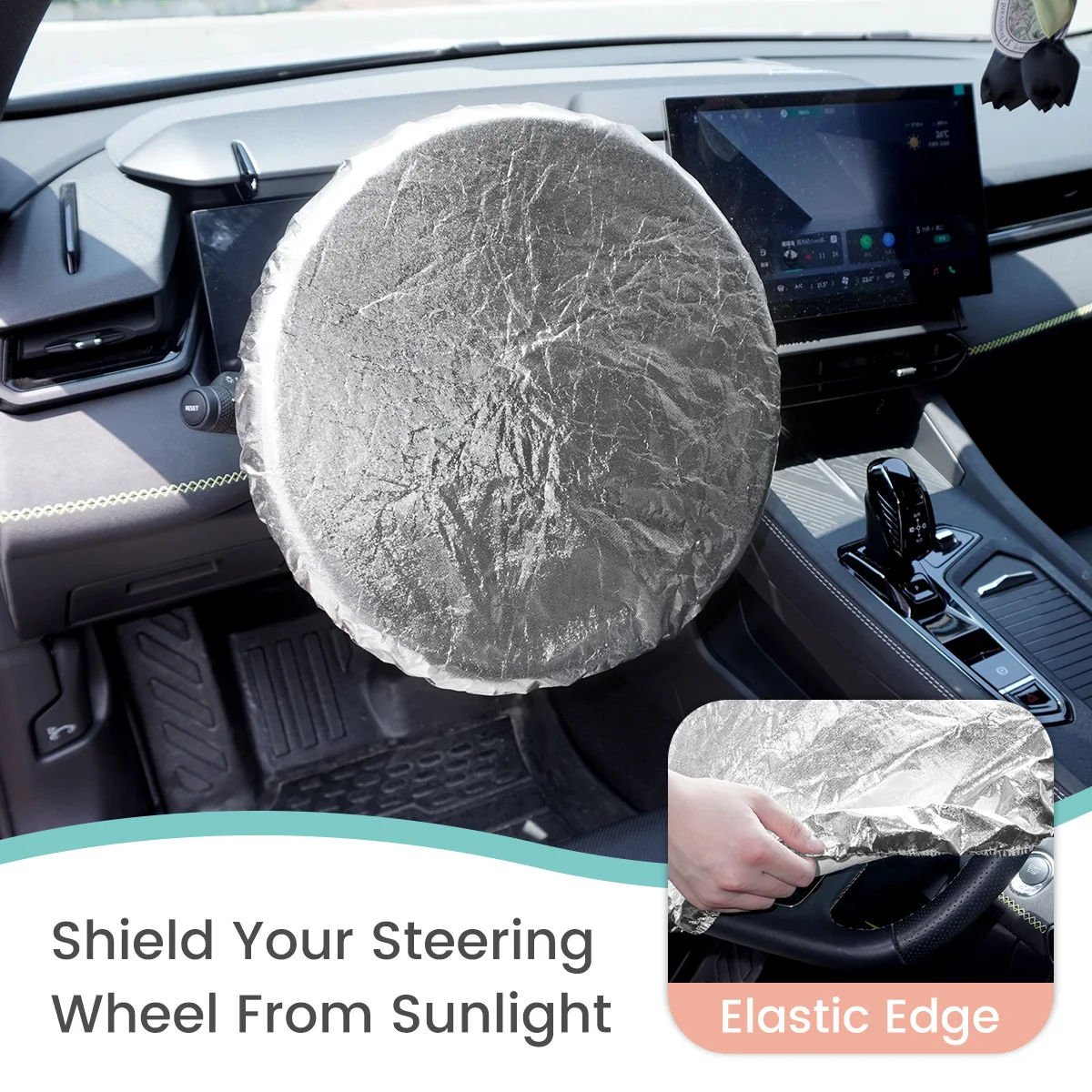 1PC Auto Lenkrad Abdeckung Sonnenschutz, Aluminium Film Beflockte Doppel-Schicht Isolierung Für Blockieren Sonne & Wärme – Detail 2