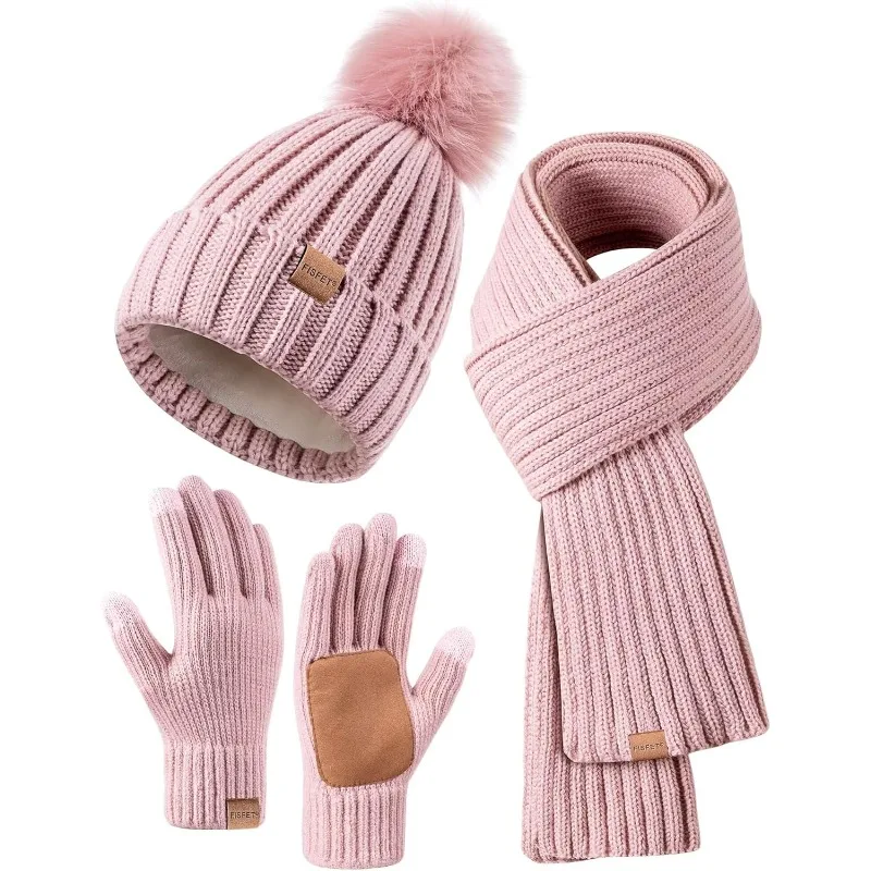 Women's three piece winter warm suit, beanie wool lined scarf neck warm touch screen gloves for cold outdoor warmth